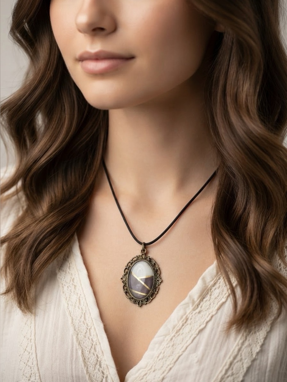 Geometric Landscape Cabochon Pendant Necklace | Vintage Bronze Filigree